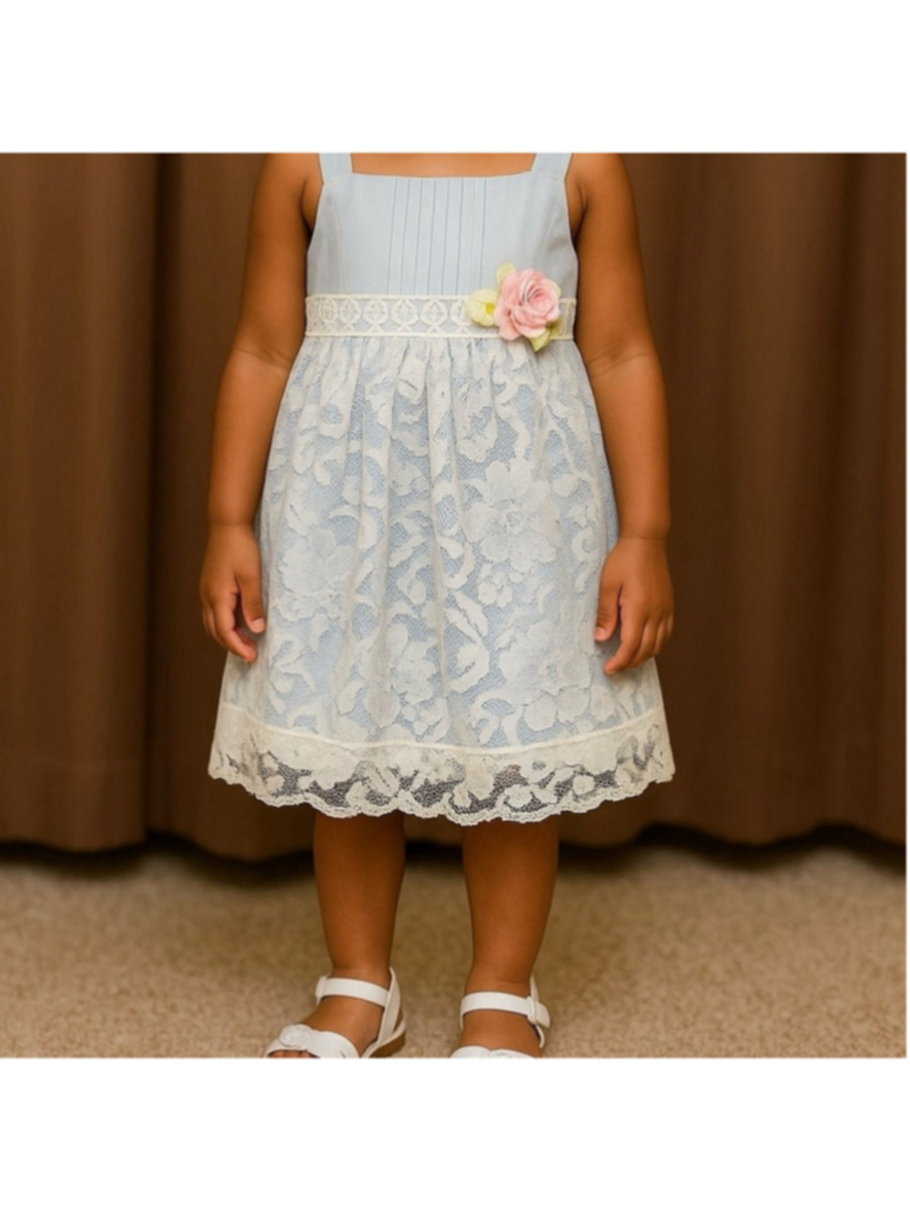 Laura Ashley Girls 3T Blue Cotton Lace Overlay Dress Sash Floral Waist